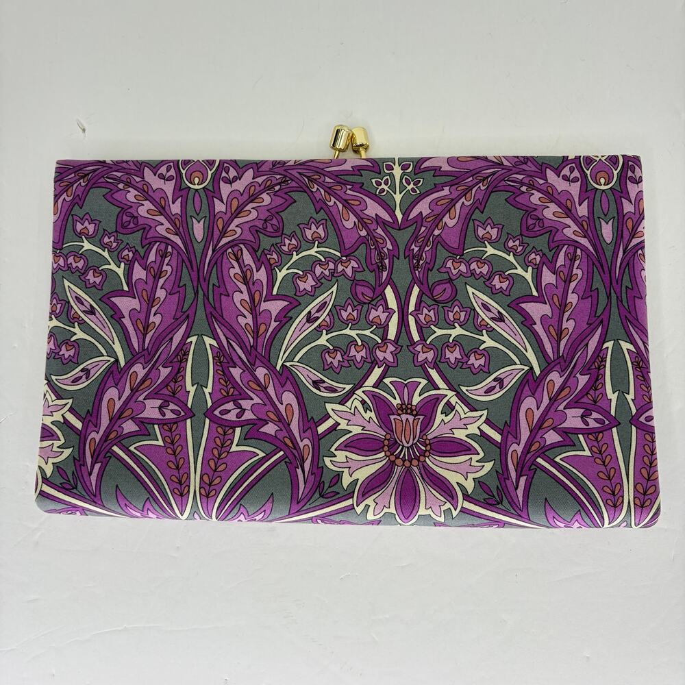 Banana Republic Silk Floral Clutch Purple Gray Gold Frame